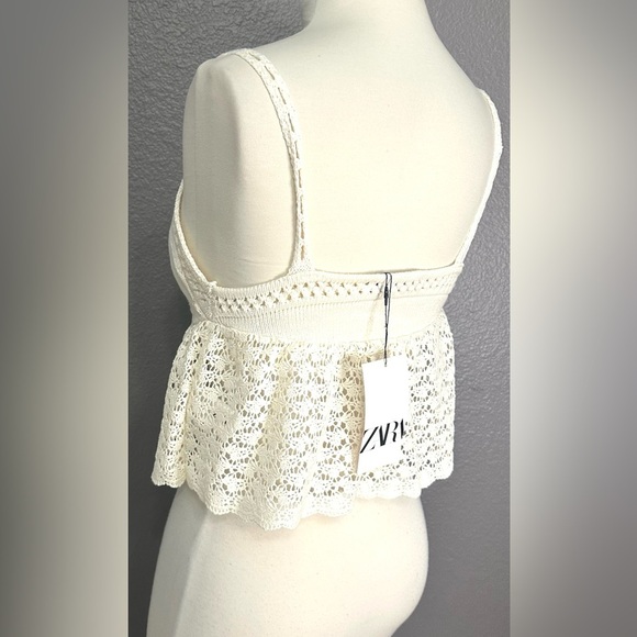 ZARA Crochet Crop Top Size Small Ivory Boho Stretch Knit Tank Top Women's, NWT - Picture 7 of 10